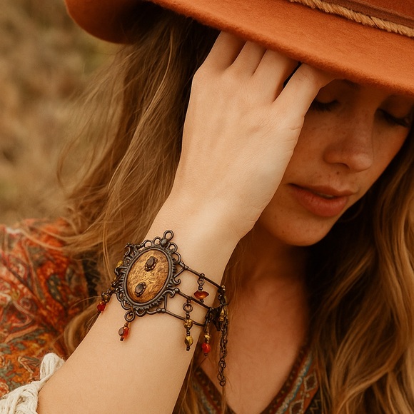 MAYA Vintage Rustic Beaded Wire Cuff Bracelet Brocade Center